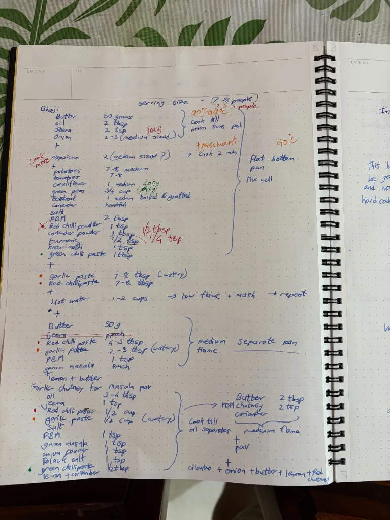 Notebook page for pav bhaji cook — bhaji, temper, garlic chutney, and masala pav